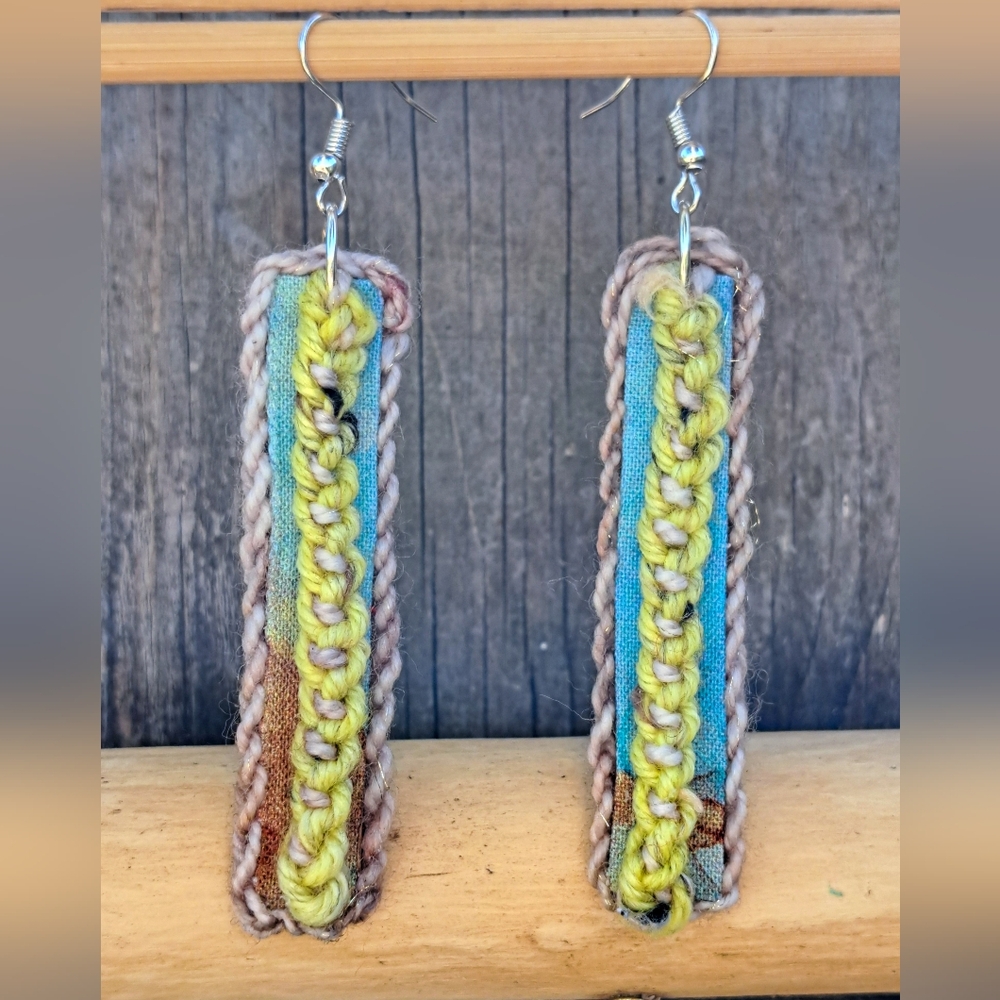 Rectangle Earrings with Crochet Elements Grey Stellina Yellow Donegal Yarn
